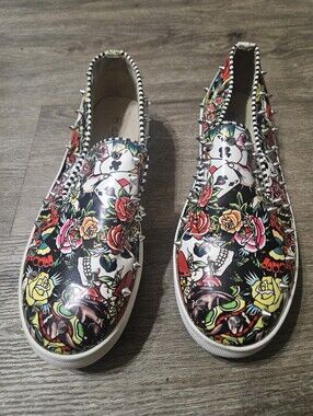 Ed Hardy Floral Skull Studded Slip-On Sneakers - Multicolor